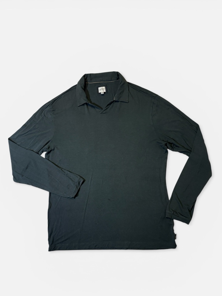 Armani Collezioni Mens Xl Gray Solid Open Collar Long Sleeve Viscose Polo Shirt